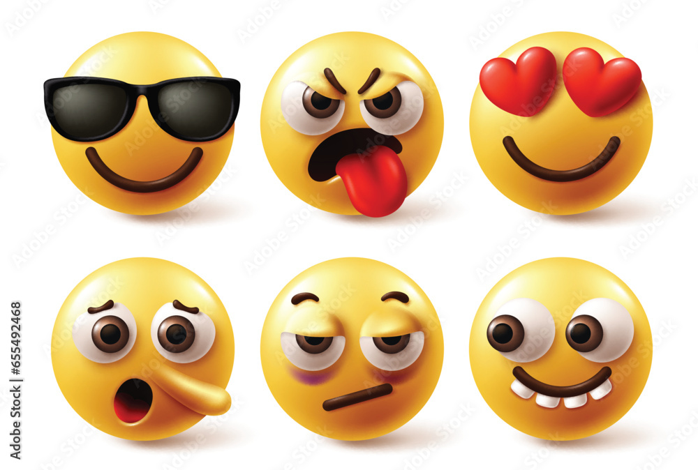 Emoji face vector set design. Emoticons emojis characters in happy, angry, naughty, in love and pinocchio nose facial expression in white background. Vector illustration yellow icon emoticon Emoji face vector set design. Emoticons emojis characters in happy, angry, naughty, in love and pinocchio nose facial expression in white background. Vector illustration yellow icon emoticon