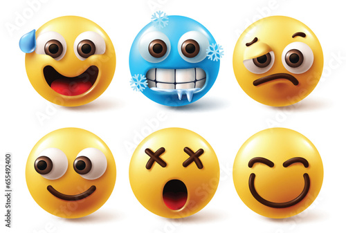 Emoji face characters vector set. Emojis emoticon yellow icon faces in frightened, chill, cold, tired and curios looking face reaction in white background. Vector illustration emoticon character 