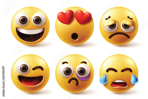 Emoji characters vector set. Emoticon happy, in love, sad and crying round yellow icon collection in white background. Vector illustration for graphic design elements. 