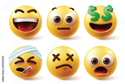 Emojis characters vector set. Emoji emoticons character in happy, funny, injured, shock and sick yellow icon elements. Vector illustration emojis design collection.