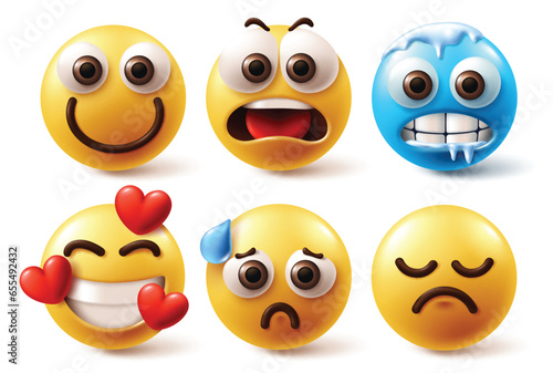 Emojis emoticon characters vector set. Emoji emoticons in happy, shock, freeze, in love, funny and sad facial expression in white background. Vector illustration 3d yellow icon collection.