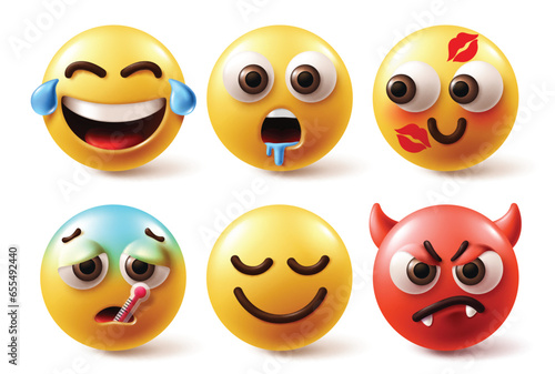 Emojis emoticon set vector. Emoticons emoji characters in crying, hungry, bored, kissed, sick and angry facial expression in white background. Vector illustration yellow and red round emoticon collect