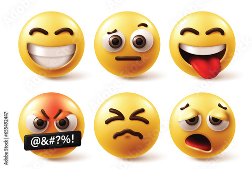 Emojis emoticon vector set. Emoticons emoji character yellow icon collection in happy, smile, confused, naughty, mad, angry and sleepy facial expression in white background. Vector illustration 3d 