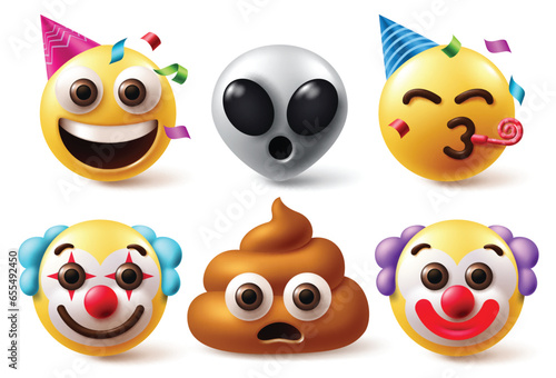 Emojis birthday vector set design. Birthday emojis and emoticon like happy face clowns, funny alien and poop characters in white background. Vector illustration birthday emojis mascot collection.  