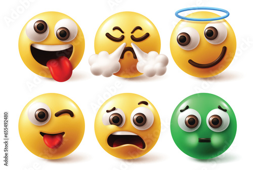 Emoji face characters vector set. Emojis faces yellow emoticon in naughty, angry, angel halo and winking facial expression in white background. Vector illustration emoticons cartoon icon collection.  