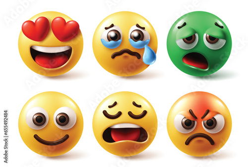 Emoji characters face vector set. Emojis emoticon facial expression in love, crying, nausea, sick, happy and disappointed icon faces in white background. Vector illustration emojis graphic elements 