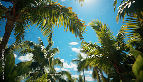 Idyllic summer vacations  palm trees  blue sky  and tropical beauty generated by AI