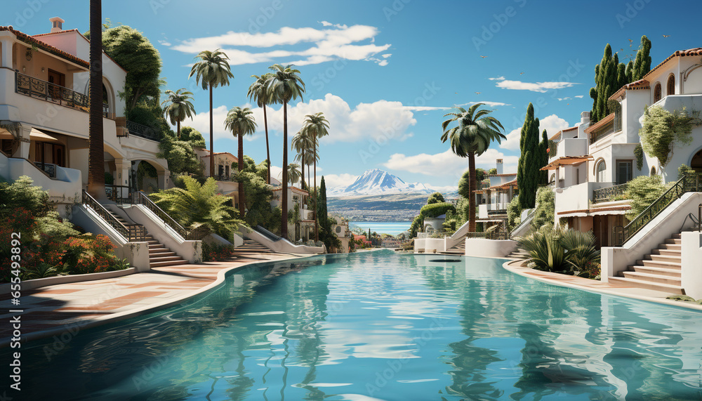 Luxury hotel, palm tree, swimming pool, summer, relaxation, nature, landscape generated by AI