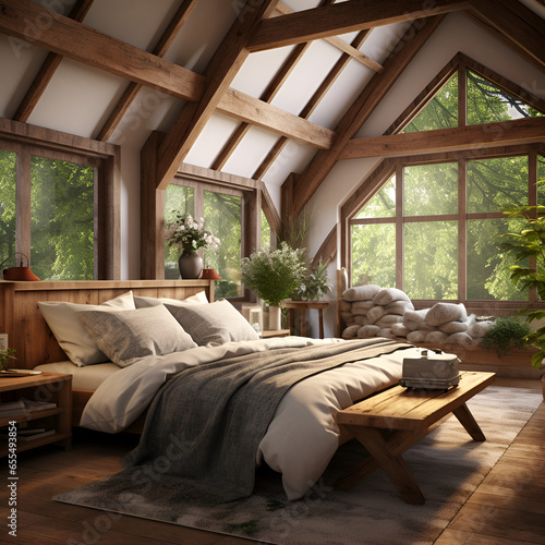  rustic cottage bedroom with wooden beams and a cozy bed, providing a peaceful retreat for a restful night's sleep