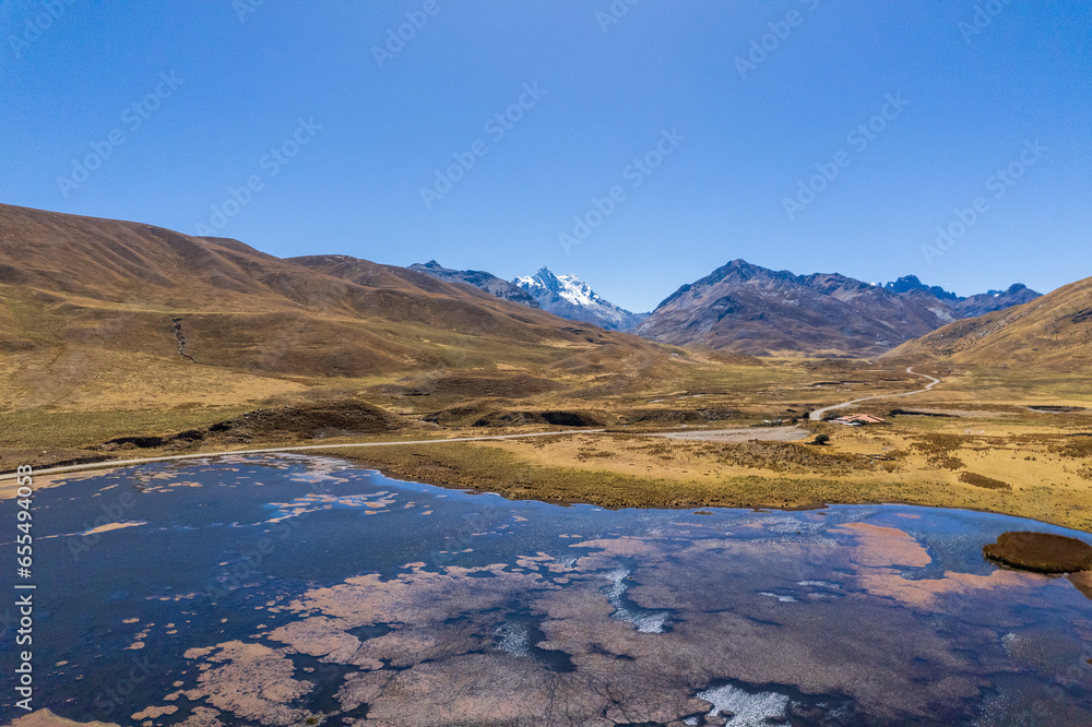 Aerial view of the Patococha lagoon, in the Ancash region.