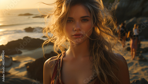 A beautiful young woman in swimwear enjoys the summer sunset generated by AI © Gstudio