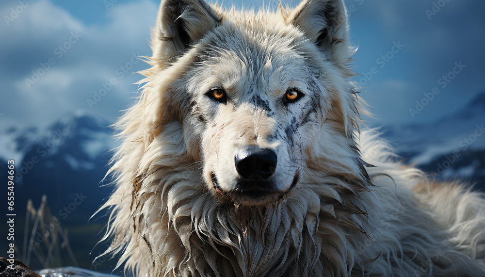 Fototapeta premium A majestic purebred dog sits outdoors in the snowy mountains generated by AI