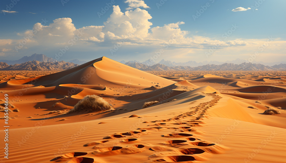 Fototapeta premium Arid climate, ripples of sand dunes, majestic mountain range at sunset generated by AI
