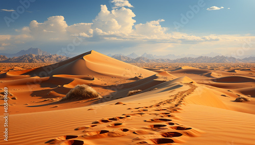 Arid climate  ripples of sand dunes  majestic mountain range at sunset generated by AI