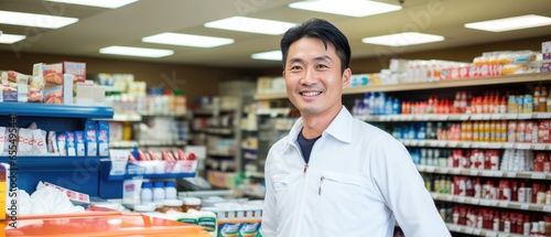 Convenience store attendant posing looking at the camera