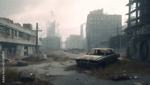 Post-apocalyptic abandoned city in ruins