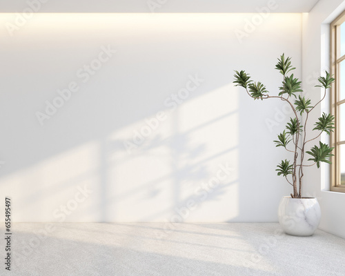Fototapeta Naklejka Na Ścianę i Meble -  Morning light in Japandi style empty room decorated with white wall and granite texture floor, Green indoor plants. 3d rendering
