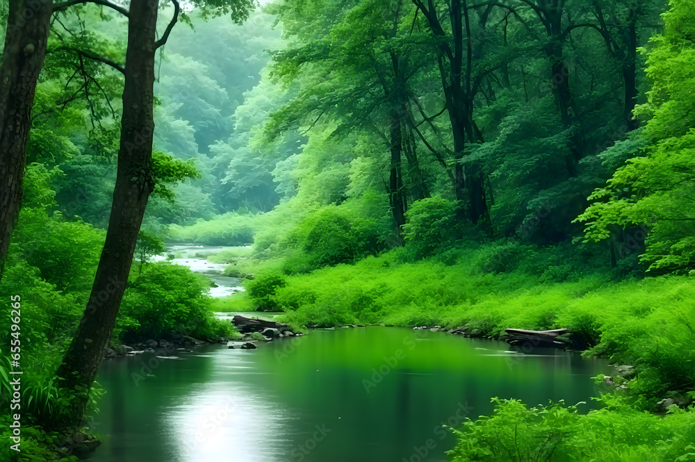 Peaceful and calm river run through forest Spring