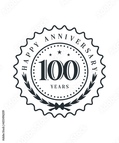 100 years anniversary logo with laurel wreath frame. 100th birthday celebration icon or badge. Vector illustration
