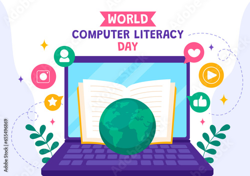World Computer Literacy Day Vector Illustration on December 2 with Book and Media Equipment in Education Holiday Cartoon Hand Drawn Templates