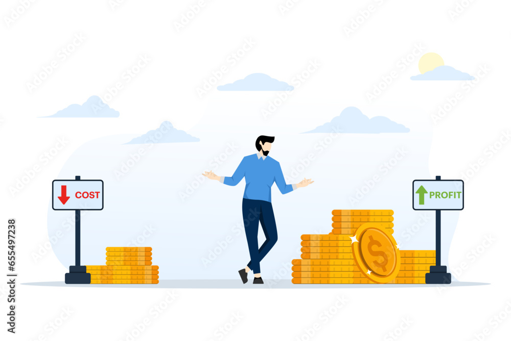 Concept of reducing costs and increasing profitability, savings and financial efficiency, growth of business profits. cut costs to increase profits, increase business profitability by reducing costs. - obrazy, fototapety, plakaty 