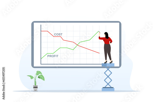 concept of businesswoman taking profit and cost reduction graph, Growth and decline in company profits, Diagram of increase and decrease in profits. Company performance indicators. vector illustration