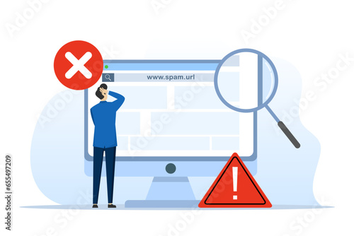 Concept of suspicious and dangerous hyperlinks, spam urls or website addresses, safe browsing and warning notifications, security system in browser. the site is blocked. flat vector illustration. photo