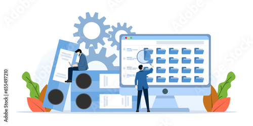 File search concept. Worker searches for files. employee uses a magnifying glass. File binder, blue folder with documents. File manager, data storage and indexing. flat vector illustration.