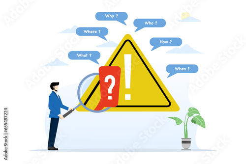 Problem identification, root cause analysis and problem solving, identifying risk or critical failure concept, businessman with magnifying glass and investigating incident with exclamation mark.
