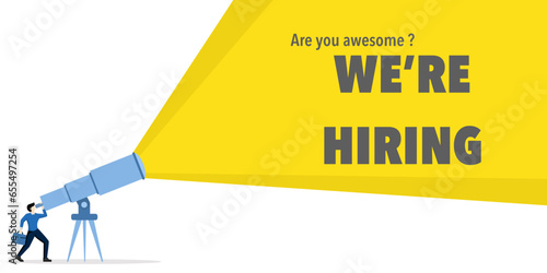 Business recruitment concept. Businessman uses binoculars to see the text we use. recruitment process, join our team, cv, resume. We are recruiting, flat vector illustration on a white background.