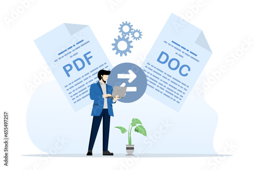 Concept of converting PDF to document file. Convert PDF. PDF converter from jpg, Screen with the conversion process or conversion of documents to other formats. Mobile converter technology.