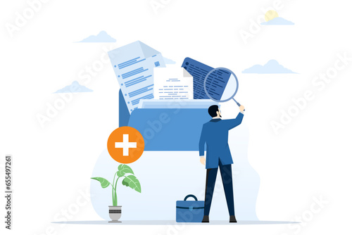 Concept of information storage and indexing. Male worker adding files to a large folder. Businessman holding magnifying glass. Archives of users and data. Database, looking for info.