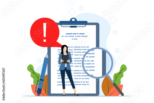 document concept with red alert or error detected notification. viruses, piracy, hacking and security. Viruses, malware, errors. flat vector illustration on white background.