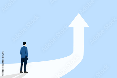Business success to the next level concept. Businessman standing in front of arrow symbol illustration, challenge to become better and achieve success, vision to see next goal, motivation to succeed.