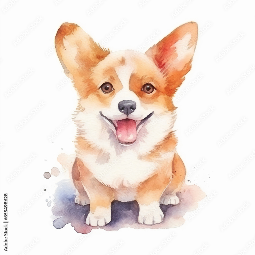 Cute corgi. Watercolor illustration of a red dog. Clip art on white background
