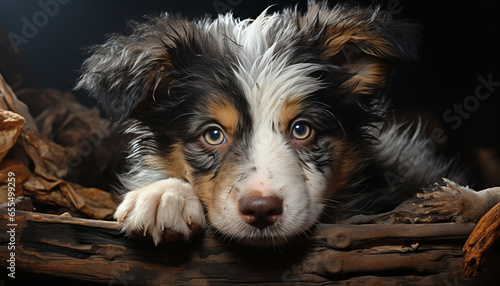 Cute puppy sitting, looking at camera, fluffy fur, loyal friend generated by AI
