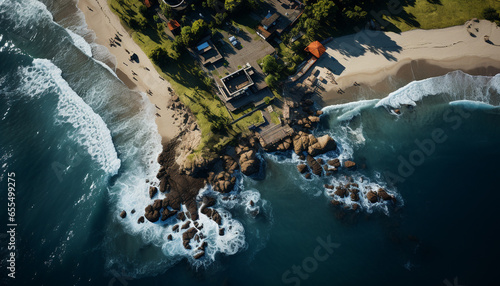 Aerial view of coastline, nature wave, water, surf, sand generated by AI © Gstudio