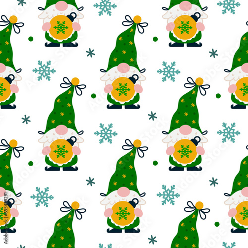 Cute bearded gnome with Christmas ball seamless vector pattern. An old elf holds a festive toy with a snowflake. Santa Claus helper in a stocking cap with a golden bell, bow. Flat cartoon background