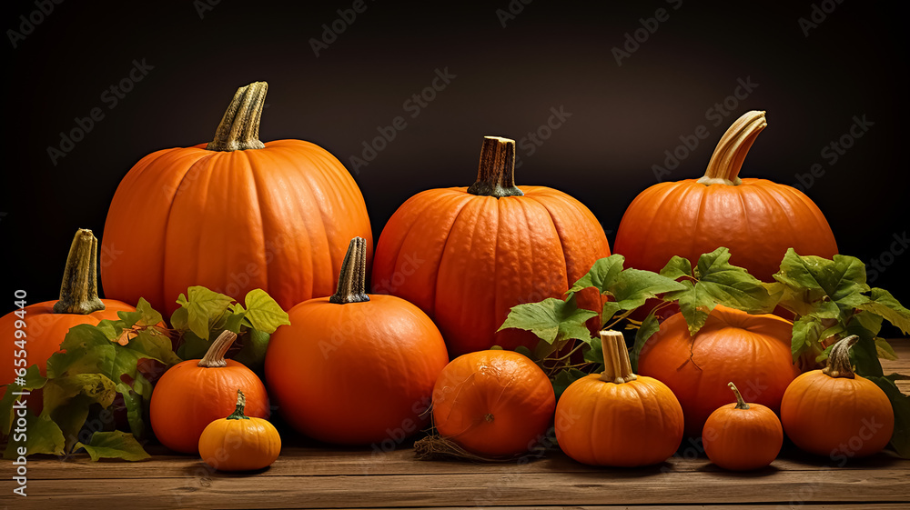 Thanksgiving dark background with large beautiful pumpkins.