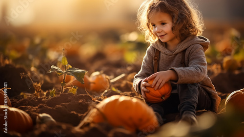 Happy cute little child holding a big pumpkin in the middle of a field at sunset in autumn. Thanksgiving Day traditional fair. Halloween.