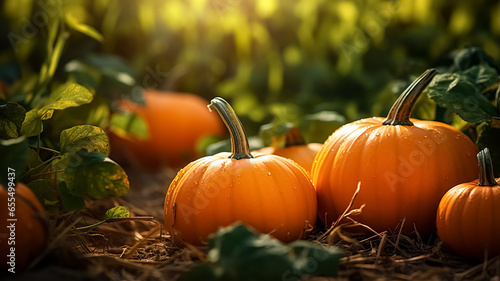 Thanksgiving background with big beautiful pumpkins on pumpkin patch.