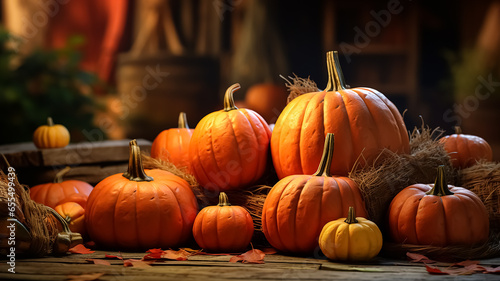 Thanksgiving background with big beautiful pumpkins in the barn.