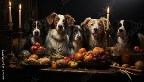 Cute puppy sitting on a table, surrounded by Halloween decorations generated by AI