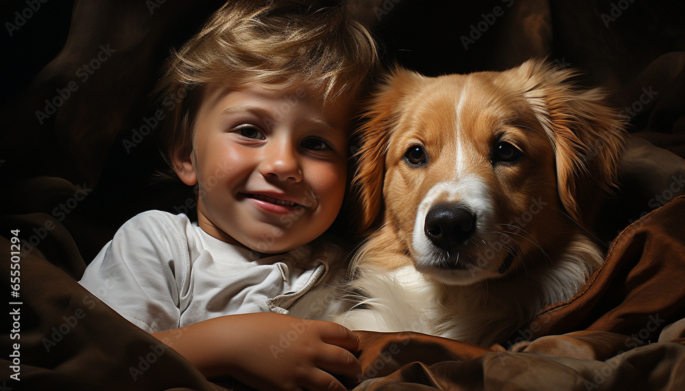 A cute puppy and a smiling child, a friendship of love generated by AI