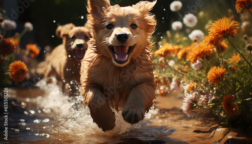 Cute puppy playing in the water, enjoying the summer fun generated by AI