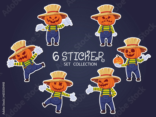 Halloween Sticker Set Collection. Jack O Lantern Pumpkin head. Halloween pumpkin engraving vector illustration.