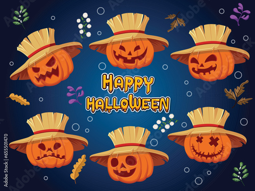 Happy Halloween Cartoon Pumpkins Wearing A Straw Hat Icons Set. Halloween pumpkin engraving vector illustration.