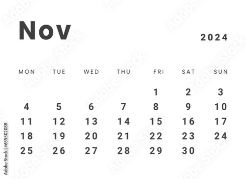 Template design of Monthly Calendar on november 2024. Vector layout minimal calendar with week start Monday.