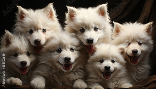 Cute puppy sitting, fluffy fur, playful, smiling, adorable Samoyed portrait generated by AI © Gstudio