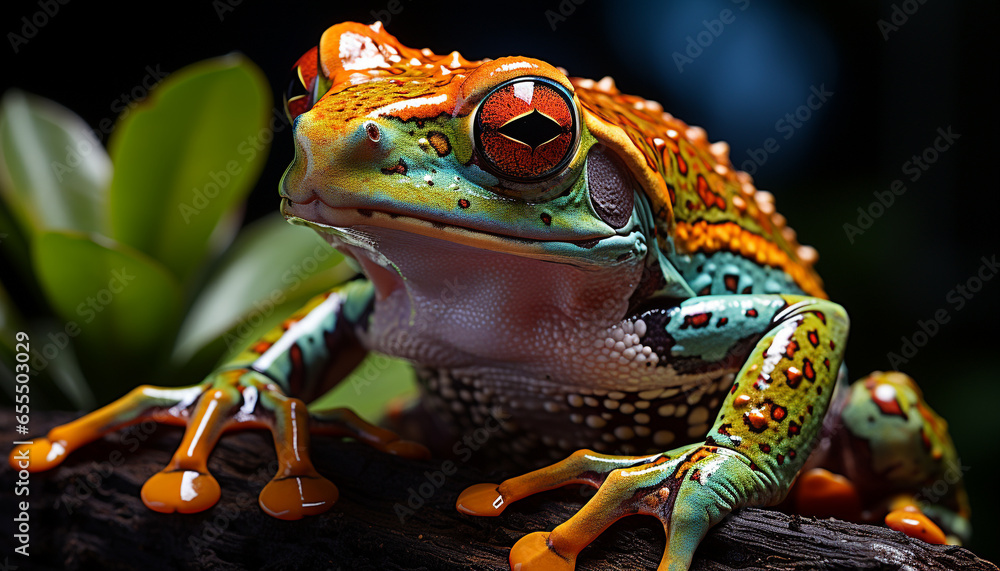 Naklejka premium Cute green toad sitting, looking away, in tropical rainforest generated by AI